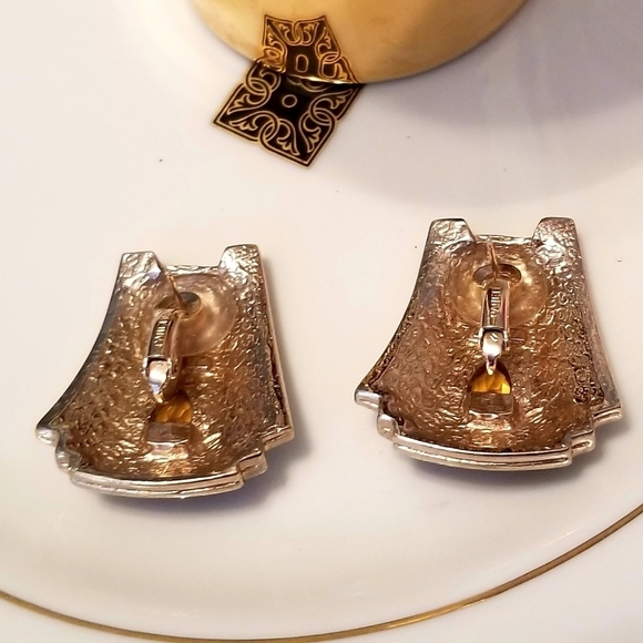 Vintage Signed Panetta Art Deco Enamel Crystal Gold Drop Earrings - Picture 8 of 8